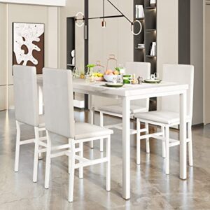 MIERE Dining Table Set for 4, 5-Piece Marble DiningTableSet with 4 Faux Leather Metal Frame Chairs for Kitchen, Bar, Living Room, Breakfast Nook, Small Space, 03 Pure White