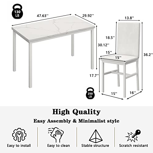 MIERE Dining Table Set for 4, 5-Piece Marble DiningTableSet with 4 Faux Leather Metal Frame Chairs for Kitchen, Bar, Living Room, Breakfast Nook, Small Space, 03 Pure White