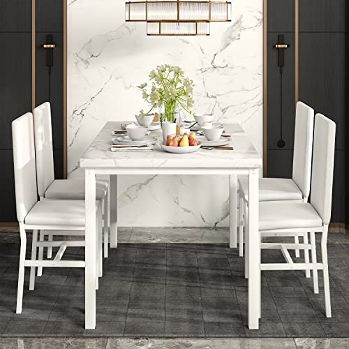 MIERE Dining Table Set for 4, 5-Piece Marble DiningTableSet with 4 Faux Leather Metal Frame Chairs for Kitchen, Bar, Living Room, Breakfast Nook, Small Space, 03 Pure White