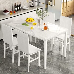 MIERE Dining Table Set for 4, 5-Piece Marble DiningTableSet with 4 Faux Leather Metal Frame Chairs for Kitchen, Bar, Living Room, Breakfast Nook, Small Space, 03 Pure White