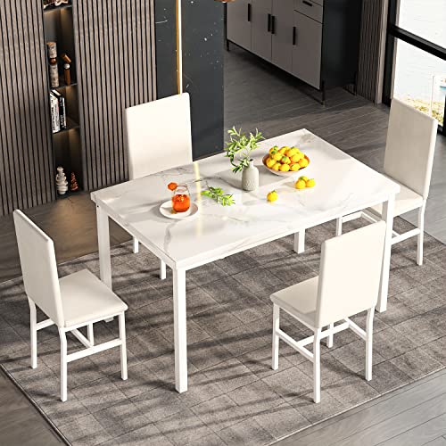 MIERE Dining Table Set for 4, 5-Piece Marble DiningTableSet with 4 Faux Leather Metal Frame Chairs for Kitchen, Bar, Living Room, Breakfast Nook, Small Space, 03 Pure White