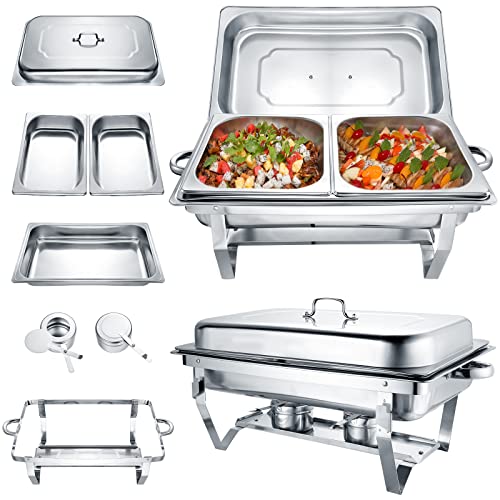 2 Pack 8 Quart Chafing Dish Buffet Set Half Size Stainless Steel Chafing Dishes Silver Rectangular Catering Chafer Warmer with Food Tray Lid and Fuel Holder for Wedding Party Banquet Catering Events