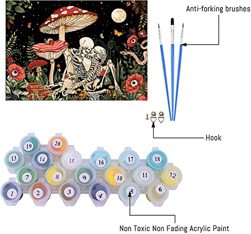 Clendo Mushroom Skull Paint by Numbers for Adults,Skeleton Trippy Flower Plant Paint by Number for Adults Beginner,Hippie Cool Nature Moon Star Acrylic Paint by Numbers for Home Wall Decor Inch16x20