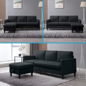 Mjkone Convertible Sectional Sofa Couch with Storage Ottoman, 76" W L-Shaped Couch for Living Room, 3-Seat Sofas with Reversible Chaise, Sectional Couches for Living Room/Office/Bedroom (Dark Grey)