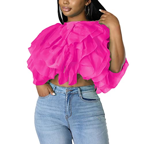 Chiffon Blouses for Women Casual - Solid Short Sleeve Mesh Tulle Blouse Puffy Layered Short Tops Party Prom XX-Large