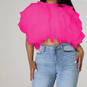 Chiffon Blouses for Women Casual - Solid Short Sleeve Mesh Tulle Blouse Puffy Layered Short Tops Party Prom XX-Large