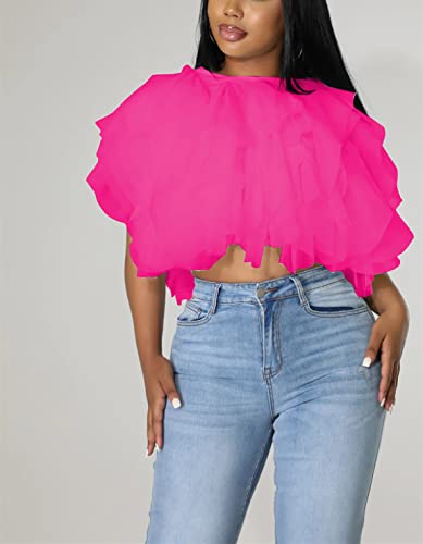 Chiffon Blouses for Women Casual - Solid Short Sleeve Mesh Tulle Blouse Puffy Layered Short Tops Party Prom XX-Large