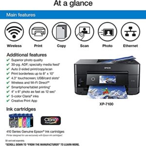 Epson Expression Premium XP-7100 All-in-One Color Inkjet Printer - Print Scan Copy - 15 ppm, 5760 x 1440 dpi, 8.5 x 14, Auto 2-Sided Printing, 30-Page ADF, Card Slot, Printable CD/DVD