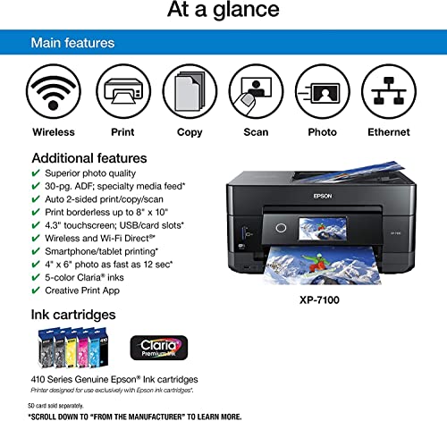 Epson Expression Premium XP-7100 All-in-One Color Inkjet Printer - Print Scan Copy - 15 ppm, 5760 x 1440 dpi, 8.5 x 14, Auto 2-Sided Printing, 30-Page ADF, Card Slot, Printable CD/DVD