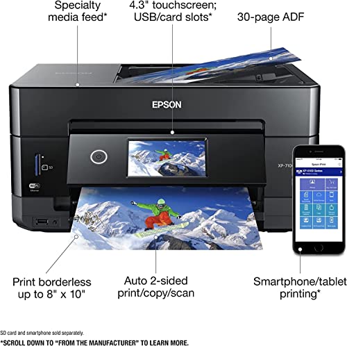 Epson Expression Premium XP-7100 All-in-One Color Inkjet Printer - Print Scan Copy - 15 ppm, 5760 x 1440 dpi, 8.5 x 14, Auto 2-Sided Printing, 30-Page ADF, Card Slot, Printable CD/DVD