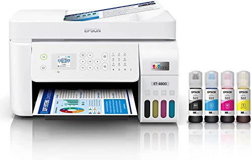 Epson EcoTank ET-4800 Wireless All-in-One Supertank Color Inkjet Printer Office, White - Print Copy Scan Fax - 10.0 ppm, 5760 x 1440 dpi, 8.5" x 14", Voice Activated, 30-Sheet ADF, Ethernet