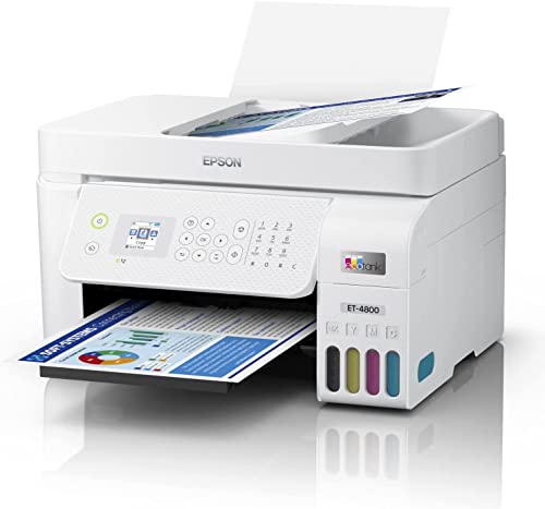 Epson EcoTank ET-4800 Wireless All-in-One Supertank Color Inkjet Printer Office, White - Print Copy Scan Fax - 10.0 ppm, 5760 x 1440 dpi, 8.5" x 14", Voice Activated, 30-Sheet ADF, Ethernet