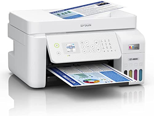 Epson EcoTank ET-4800 Wireless All-in-One Supertank Color Inkjet Printer Office, White - Print Copy Scan Fax - 10.0 ppm, 5760 x 1440 dpi, 8.5" x 14", Voice Activated, 30-Sheet ADF, Ethernet