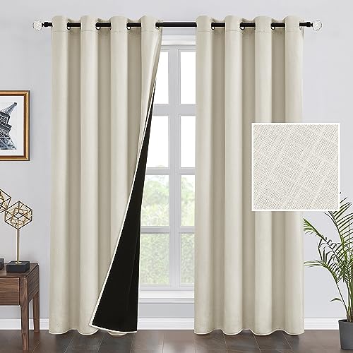 HOMEIDEAS 100% Ivory Blackout Curtains 84 Inch Length 2 Panels, Room Darkening Curtains for Bedroom, Embossed Satin Thermal Insulated Curtains, Light Blocking Drapes with Black Lining for Living Room