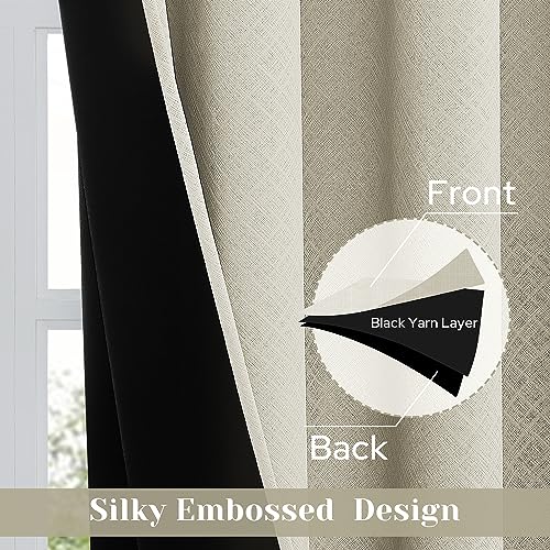 HOMEIDEAS 100% Ivory Blackout Curtains 84 Inch Length 2 Panels, Room Darkening Curtains for Bedroom, Embossed Satin Thermal Insulated Curtains, Light Blocking Drapes with Black Lining for Living Room