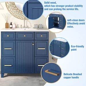 Merax 36" Bathroom Vanity W Soft Closing Door, Combo Stand Storage Cabinet Set and Square White Resin Sink Top, Navy Blue