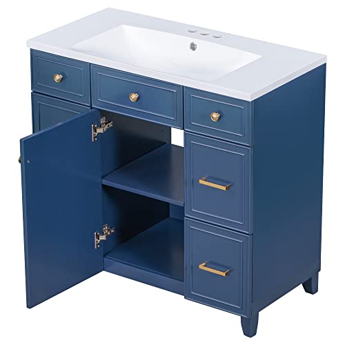 Merax 36" Bathroom Vanity W Soft Closing Door, Combo Stand Storage Cabinet Set and Square White Resin Sink Top, Navy Blue