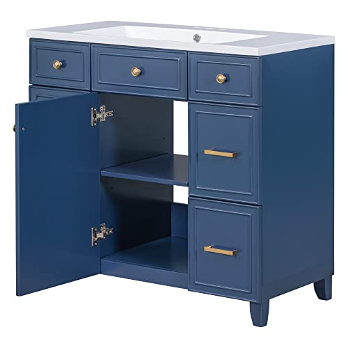 Merax 36" Bathroom Vanity W Soft Closing Door, Combo Stand Storage Cabinet Set and Square White Resin Sink Top, Navy Blue