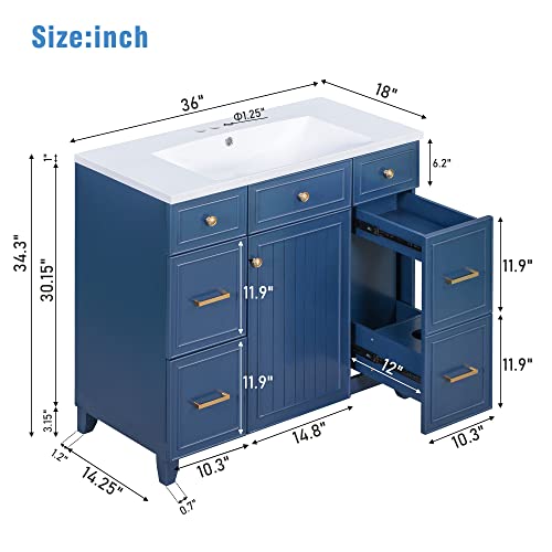 Merax 36" Bathroom Vanity W Soft Closing Door, Combo Stand Storage Cabinet Set and Square White Resin Sink Top, Navy Blue