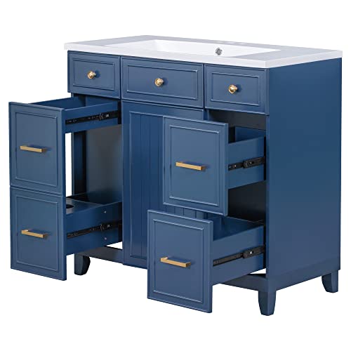 Merax 36" Bathroom Vanity W Soft Closing Door, Combo Stand Storage Cabinet Set and Square White Resin Sink Top, Navy Blue