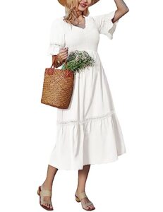 grace karin women's v neck short bell sleeve smocked tiered dress elastic waist lace patchwork ruffle dress white xl