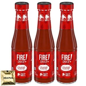 taco bill fire sauce bottle, 3 pack taco sauce condiment seasoning for tacos salad chips quesadilla chicken tex mex burritos and more, 7.5 ounces each with nosh pack mints