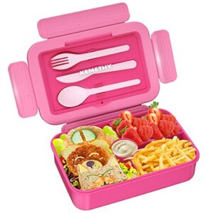 bento lunch box for kids, 4 compartment lunch boxes kids, cutlery storage built-in utensil set, leak-proof, thicken, microwave/dishwasher/freezer safe, bpa-free, pink