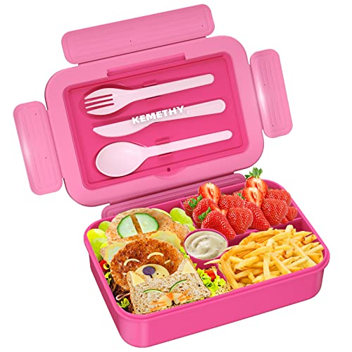 Bento Lunch Box for Kids, 4 Compartment Lunch Boxes Kids, Cutlery Storage Built-in Utensil Set, Leak-proof, Thicken, Microwave/Dishwasher/Freezer Safe, BPA-Free, Pink