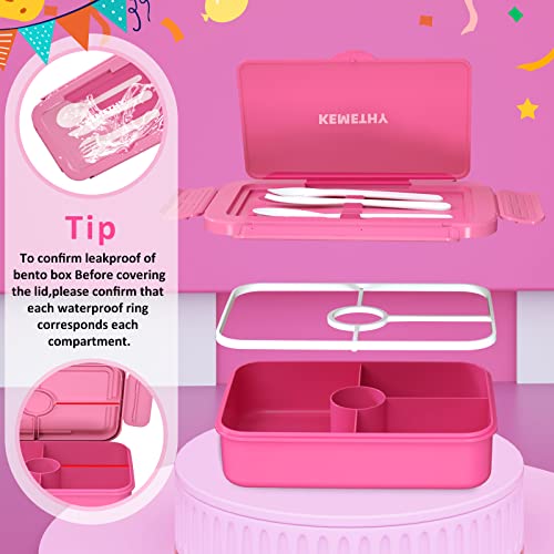 Bento Lunch Box for Kids, 4 Compartment Lunch Boxes Kids, Cutlery Storage Built-in Utensil Set, Leak-proof, Thicken, Microwave/Dishwasher/Freezer Safe, BPA-Free, Pink