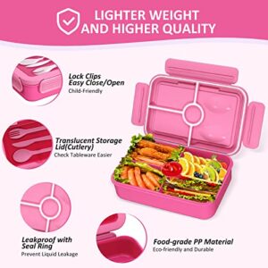 Bento Lunch Box for Kids, 4 Compartment Lunch Boxes Kids, Cutlery Storage Built-in Utensil Set, Leak-proof, Thicken, Microwave/Dishwasher/Freezer Safe, BPA-Free, Pink