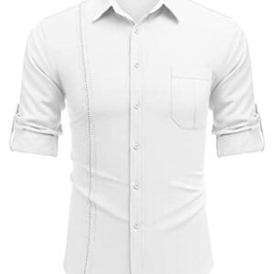 COOFANDY Guayabera Shirts for Men Long Sleeve Cuban Beach Shirts Casual Linen Button Down Shirts White