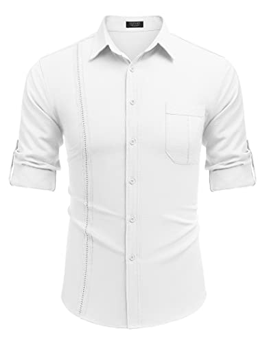 COOFANDY Guayabera Shirts for Men Long Sleeve Cuban Beach Shirts Casual Linen Button Down Shirts White