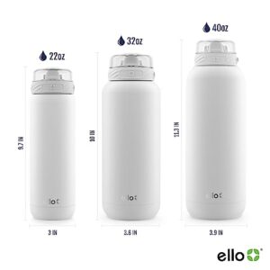 Ello Cooper Vacuum Insulated Stainless Steel Water Bottle with Soft Straw and Carry Loop, Double Walled, Leak Proof, White, 22oz