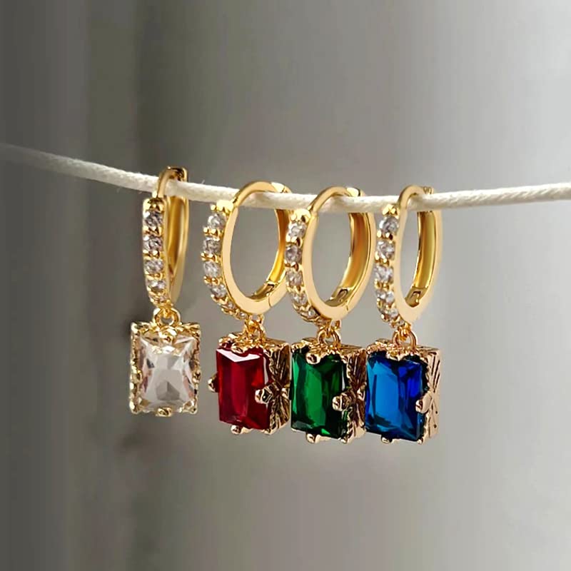 Gold Huggie Hoop Earrings For Women Small Square Austrian Crystal Green Drop Earrings 18k Gold Plated Hypoallergenic Jewerly Emerald Color