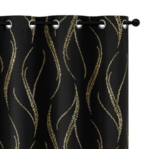 yakamok blackout curtains for livingroom - wave line with dots gold print design noise reducing thermal insulated solid ring top blackout window drapes for livingroom (2 panels, 52 x 84 inch, black)
