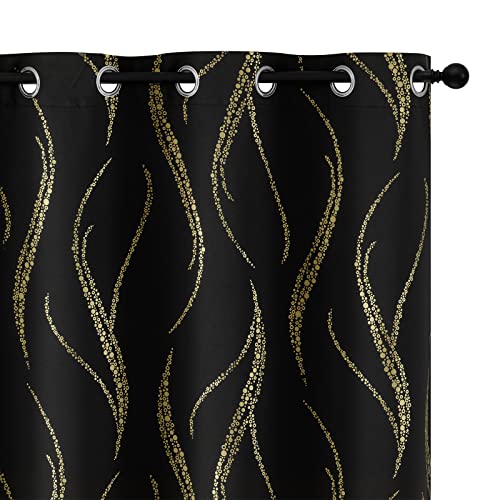 Yakamok Blackout Curtains for Livingroom - Wave Line with Dots Gold Print Design Noise Reducing Thermal Insulated Solid Ring Top Blackout Window Drapes for Livingroom (2 Panels, 52 x 84 Inch, Black)