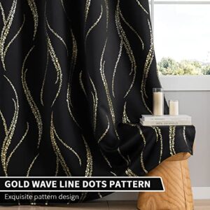 Yakamok Blackout Curtains for Livingroom - Wave Line with Dots Gold Print Design Noise Reducing Thermal Insulated Solid Ring Top Blackout Window Drapes for Livingroom (2 Panels, 52 x 84 Inch, Black)