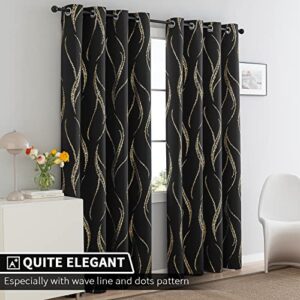 Yakamok Blackout Curtains for Livingroom - Wave Line with Dots Gold Print Design Noise Reducing Thermal Insulated Solid Ring Top Blackout Window Drapes for Livingroom (2 Panels, 52 x 84 Inch, Black)