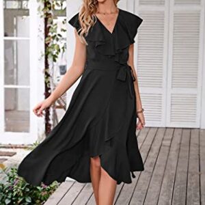 PRETTYGARDEN Women's Summer Wrap Maxi Dress Casual Boho Deep V Neck Short Sleeve Ruffle Hem Split Beach Long Dresses (Black,Large)