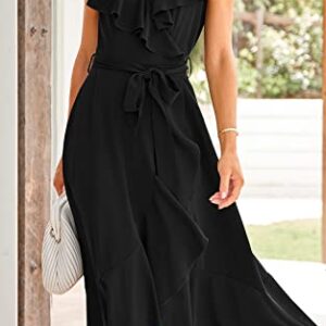 PRETTYGARDEN Women's Summer Wrap Maxi Dress Casual Boho Deep V Neck Short Sleeve Ruffle Hem Split Beach Long Dresses (Black,Large)