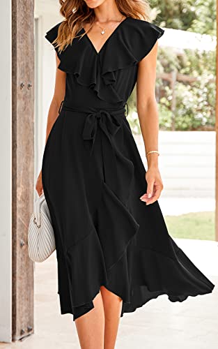 PRETTYGARDEN Women's Summer Wrap Maxi Dress Casual Boho Deep V Neck Short Sleeve Ruffle Hem Split Beach Long Dresses (Black,Large)