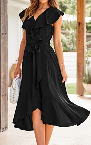 PRETTYGARDEN Women's Summer Wrap Maxi Dress Casual Boho Deep V Neck Short Sleeve Ruffle Hem Split Beach Long Dresses (Black,Large)