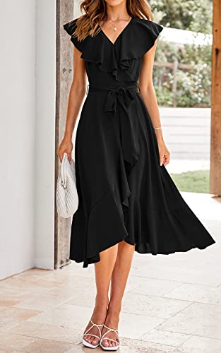 PRETTYGARDEN Women's Summer Wrap Maxi Dress Casual Boho Deep V Neck Short Sleeve Ruffle Hem Split Beach Long Dresses (Black,Large)