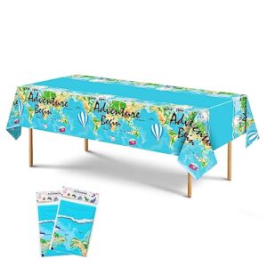 adventure world awaits map plastic tablecloth - 2pcs 54*108" travel themed table decorations supplies bon voyage disposable rectangle table cover for baby shower birthday graduation retirement