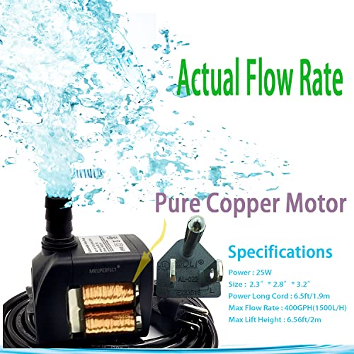 MKUPERFECT Submersible Water Pump for Fountains, Ponds,Fish Tanks, and Hydroponics - Quiet with 400GPH Flow Rate