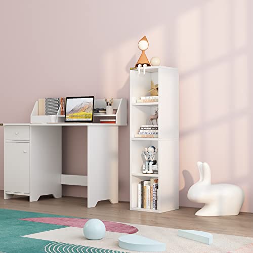 ALISENED 4 Cube Small Bookshelf, Narrow Storage Organizer Shelf, Wooden Corner Bookcase, Modern Thin Cubes Storage Organizer Display Shelving for Bedroom, Library, Living Room, Home, Office, White