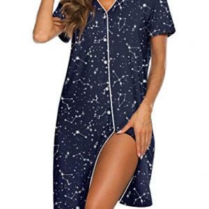 Ekouaer Womens Nightshirt V Neck Ladies Sleepwear Shirts Loose Sleeve Button Pajama Dress (Black,Star Printed)