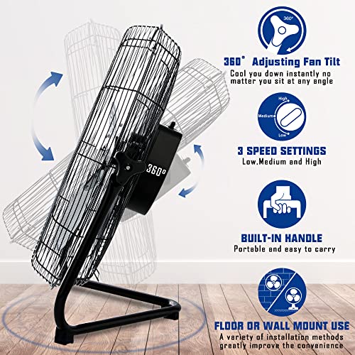 SUNNY FLAME 6000 CFM Floor Fan High Velocity,20 Inch 3-Speed Heavy Duty Metal Fan with Wall-Mounting System,360° Adjustable Tilting for Garage, Industrial, Commercial,Shop and Gym, Use for Home, Bedroom Outdoor/Indoor