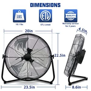 SUNNY FLAME 6000 CFM Floor Fan High Velocity,20 Inch 3-Speed Heavy Duty Metal Fan with Wall-Mounting System,360° Adjustable Tilting for Garage, Industrial, Commercial,Shop and Gym, Use for Home, Bedroom Outdoor/Indoor