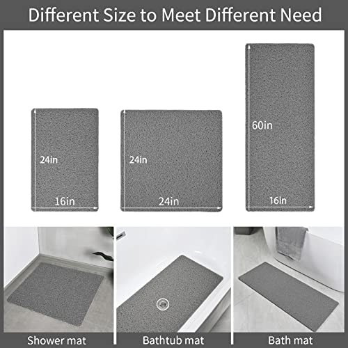 Enqinar Shower Mat Bathtub Mat, Non-Slip Bath Mat with Drain, Quick Drying PVC Loofah Bathmat for Tub,Shower,Bathroom (24x16 inch, Grey)